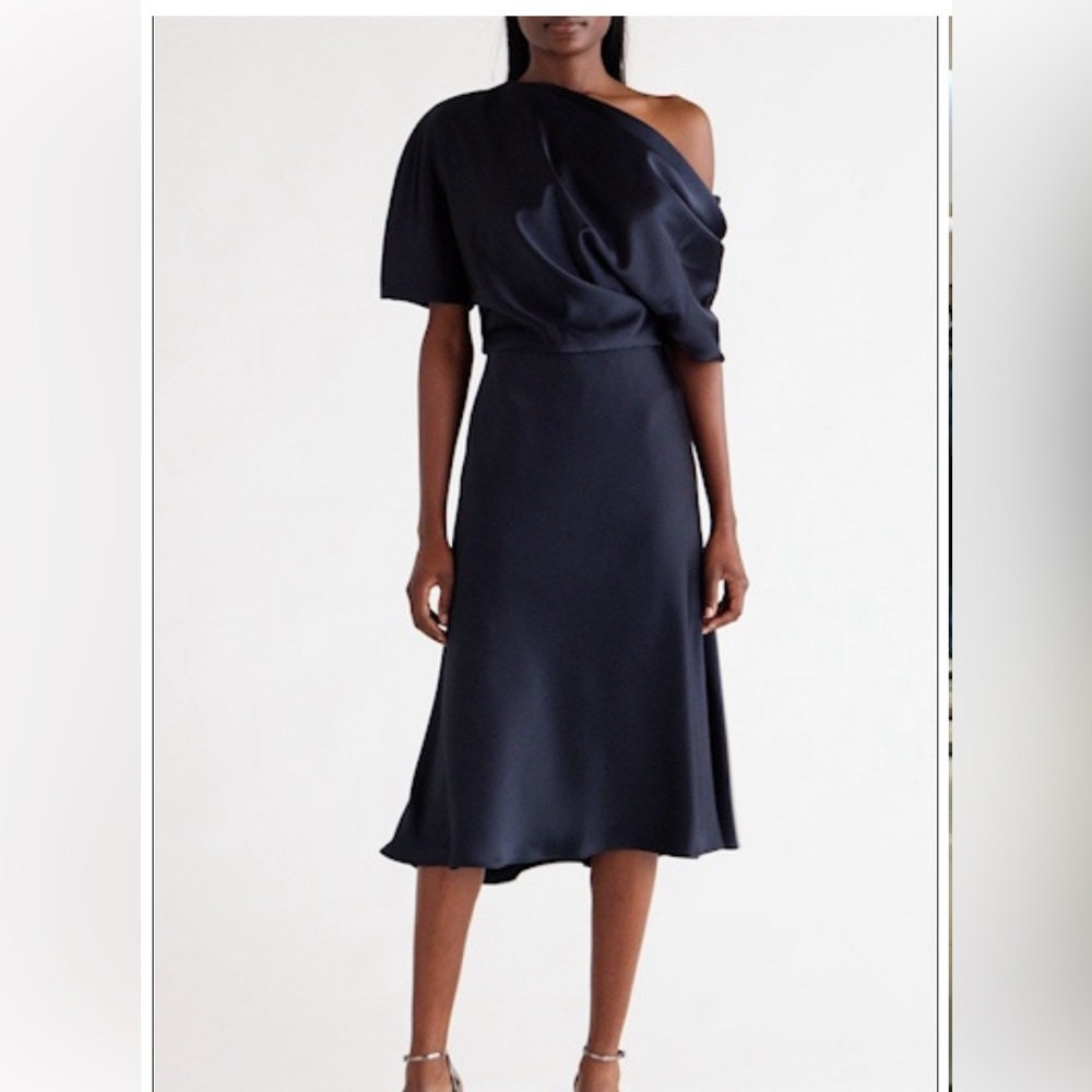 Amsale One-Shoulder Fluid Satin Cocktail MIDI Dress NAVY